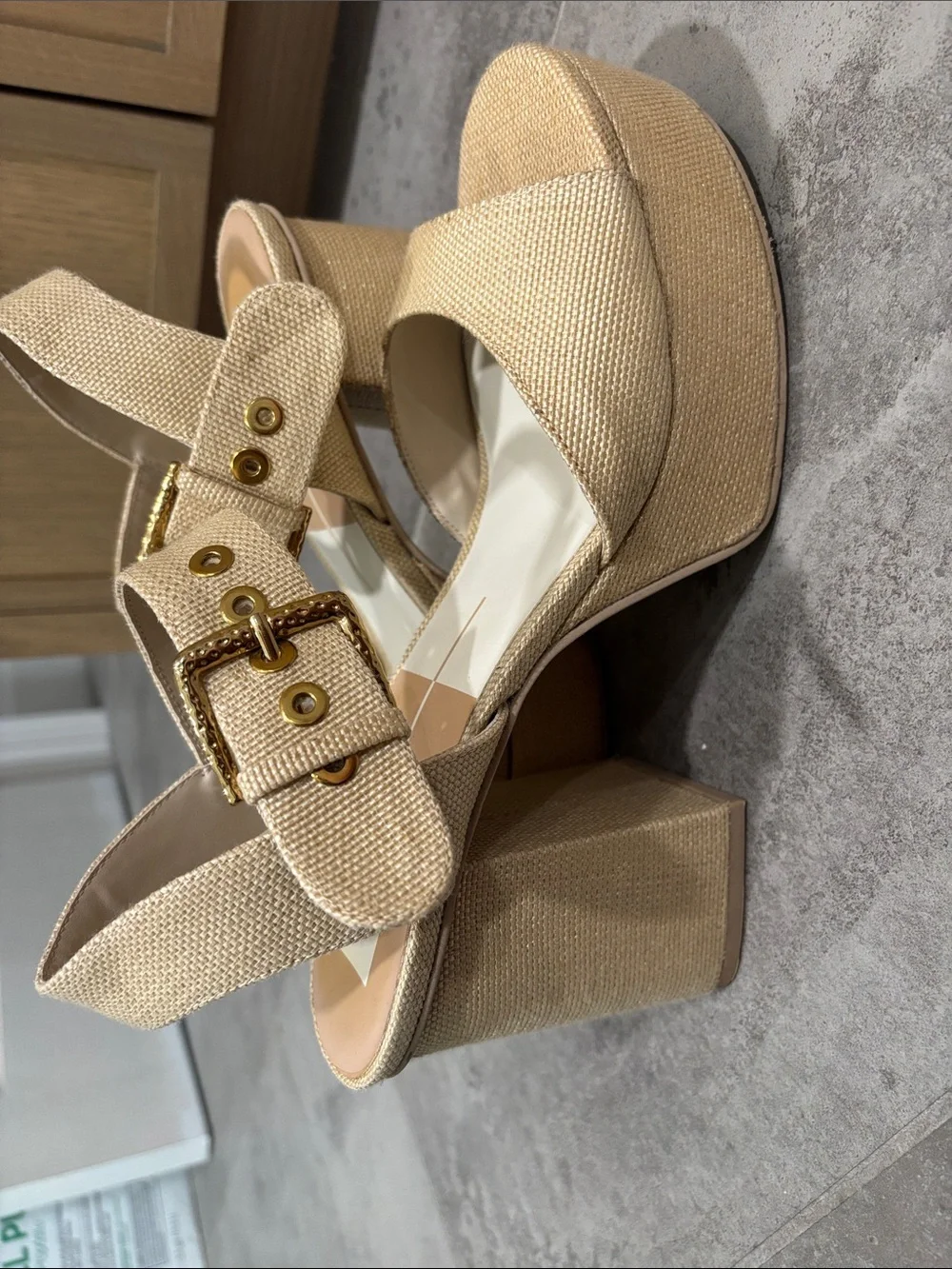 Dolce vita Neutral Beige Platform Block Heel Sandals with Gold Buckle